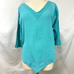 OH‎ MY GAUZE! Blue Cotton Short Sleeve V Neck Handkerchief Hem Tunic Top 2/XL